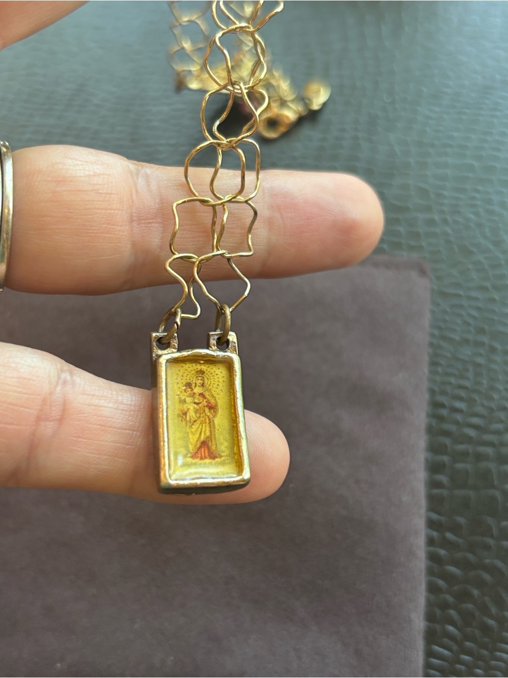 Lightweight chain Gold Our Lady Pendant Necklace with Rectangular Icon. PRAY